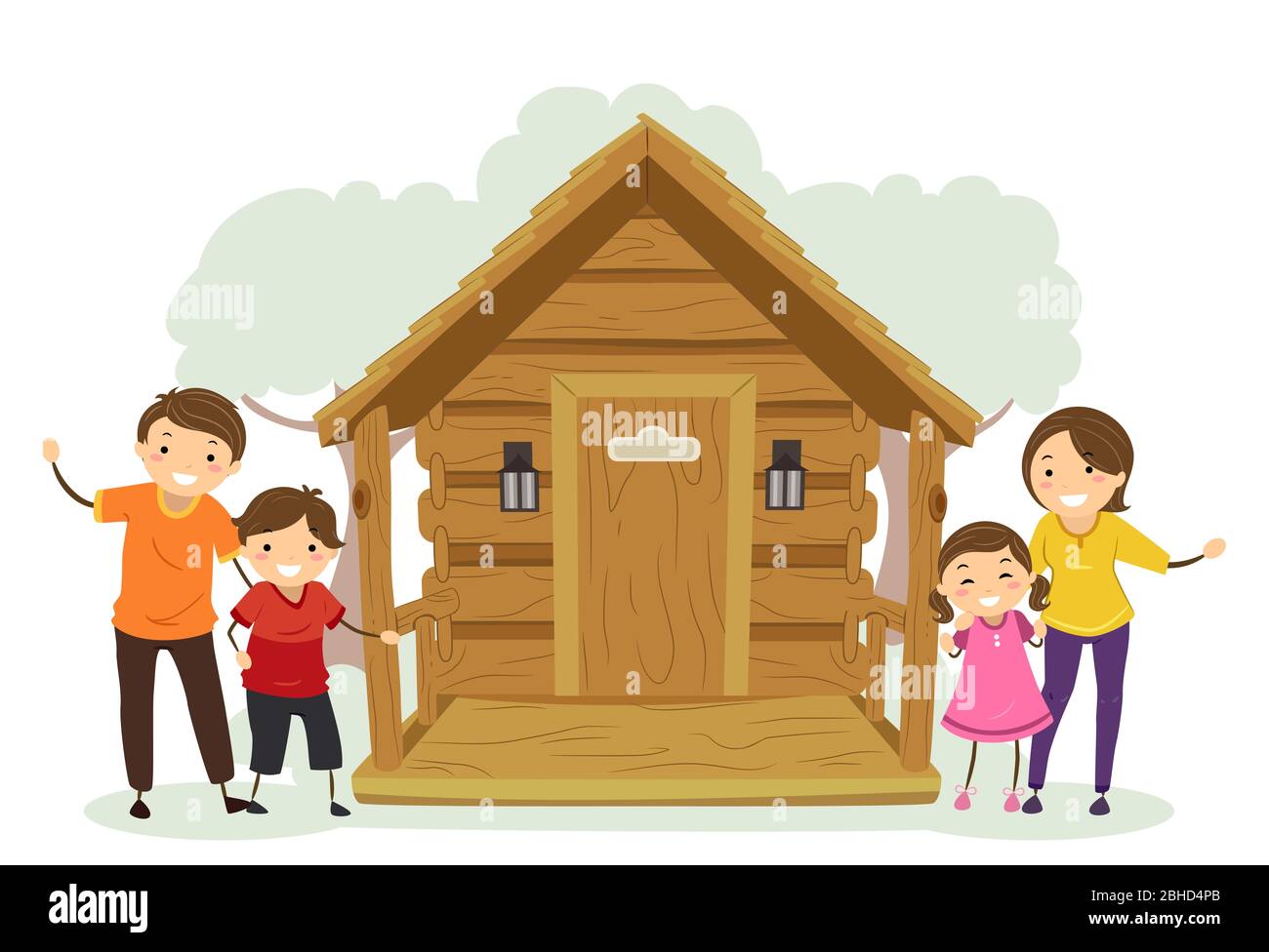 Illustrazione della famiglia Stickman che soggiorna in una cabina off Grid Foto Stock