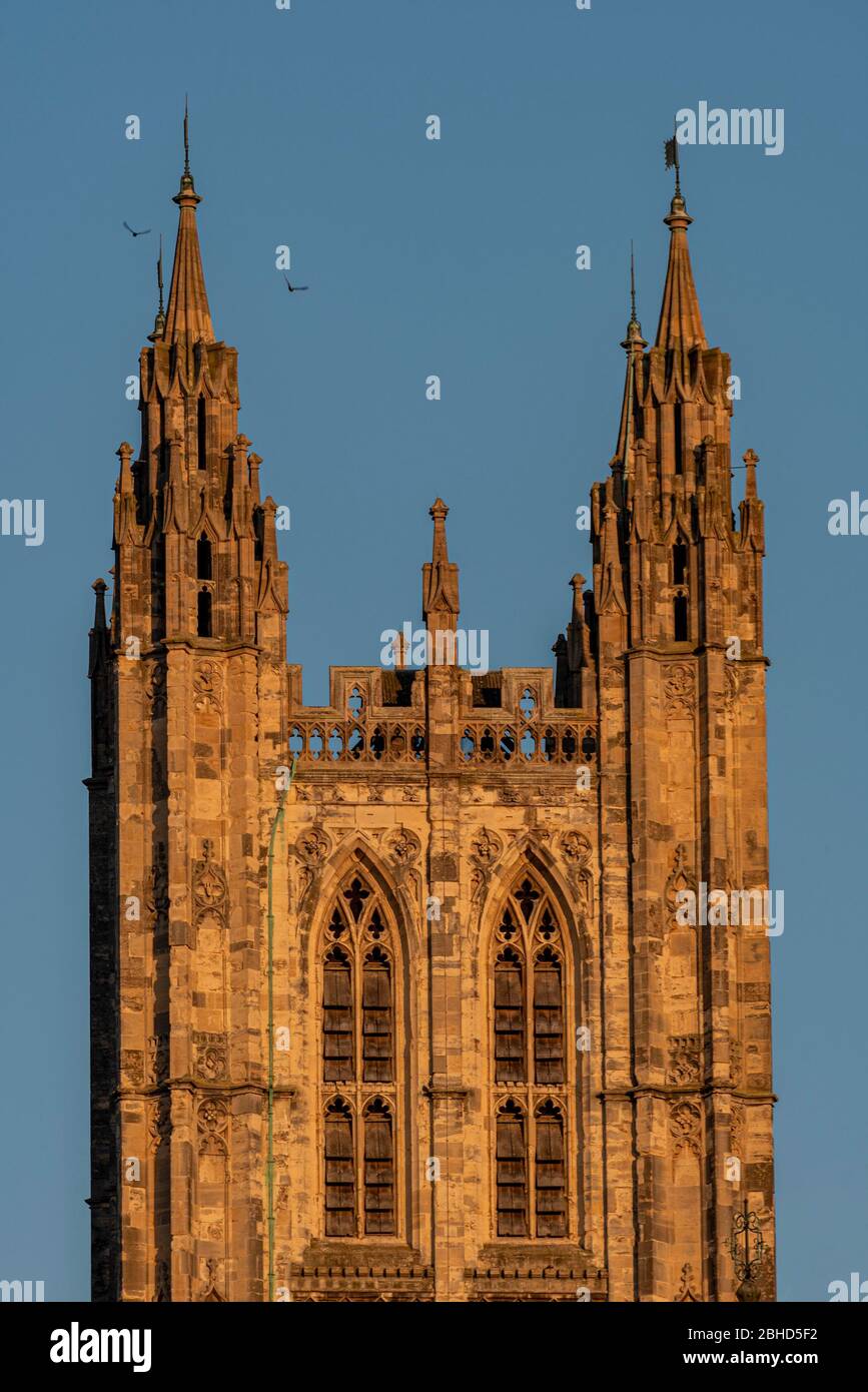 Bell Harry Tower, Canterbury Cathedral in prima luce dorata Kent UK Foto Stock