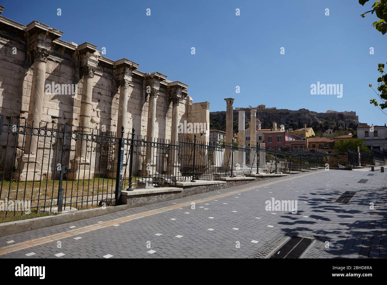 Biblioteca Adriana a monastiraki Atene Grecia, nessun popolo, coronavirus Foto Stock
