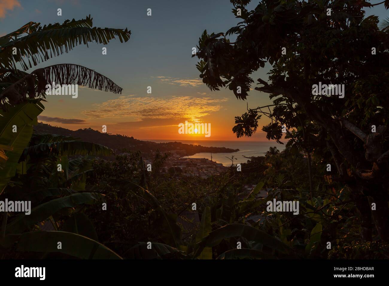 bella fotografia mozzafiato al tramonto che mostra una silhouette di alberi porto il sole luminoso, il cielo arancione e blu e il paesaggio naturale scuro Foto Stock