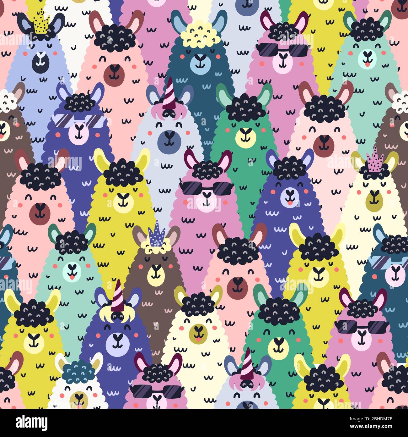 Divertente lama coloratissimo motivo senza cuciture. Sfondo infantile con simpatici alpaca Illustrazione Vettoriale
