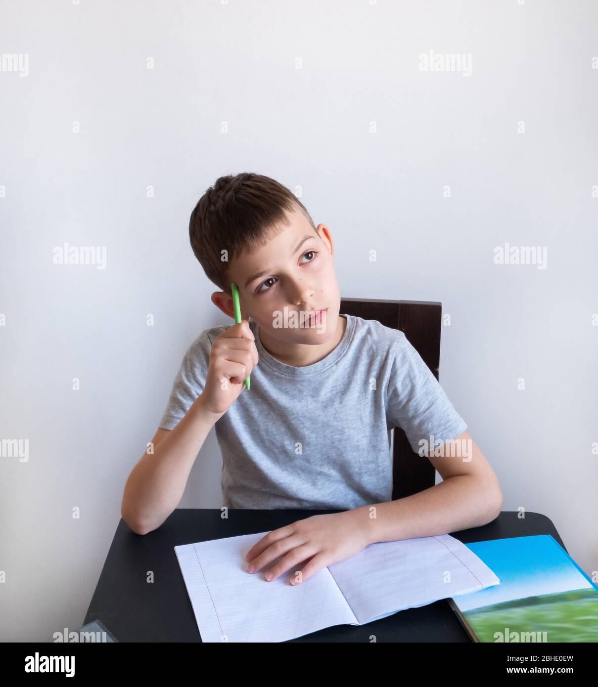 Un ragazzo studia a casa e fa i compiti scolastici. Un apprendimento a distanza a casa. Foto Stock