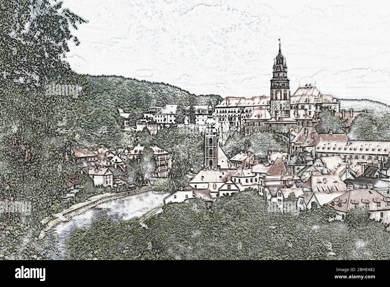 Vista della città vecchia di Chesky Krumlov, il castello Chesky Krumlov, la chiesa di San Jost e il fiume Moldava in Boemia, Repubblica Ceca, Europa Foto Stock
