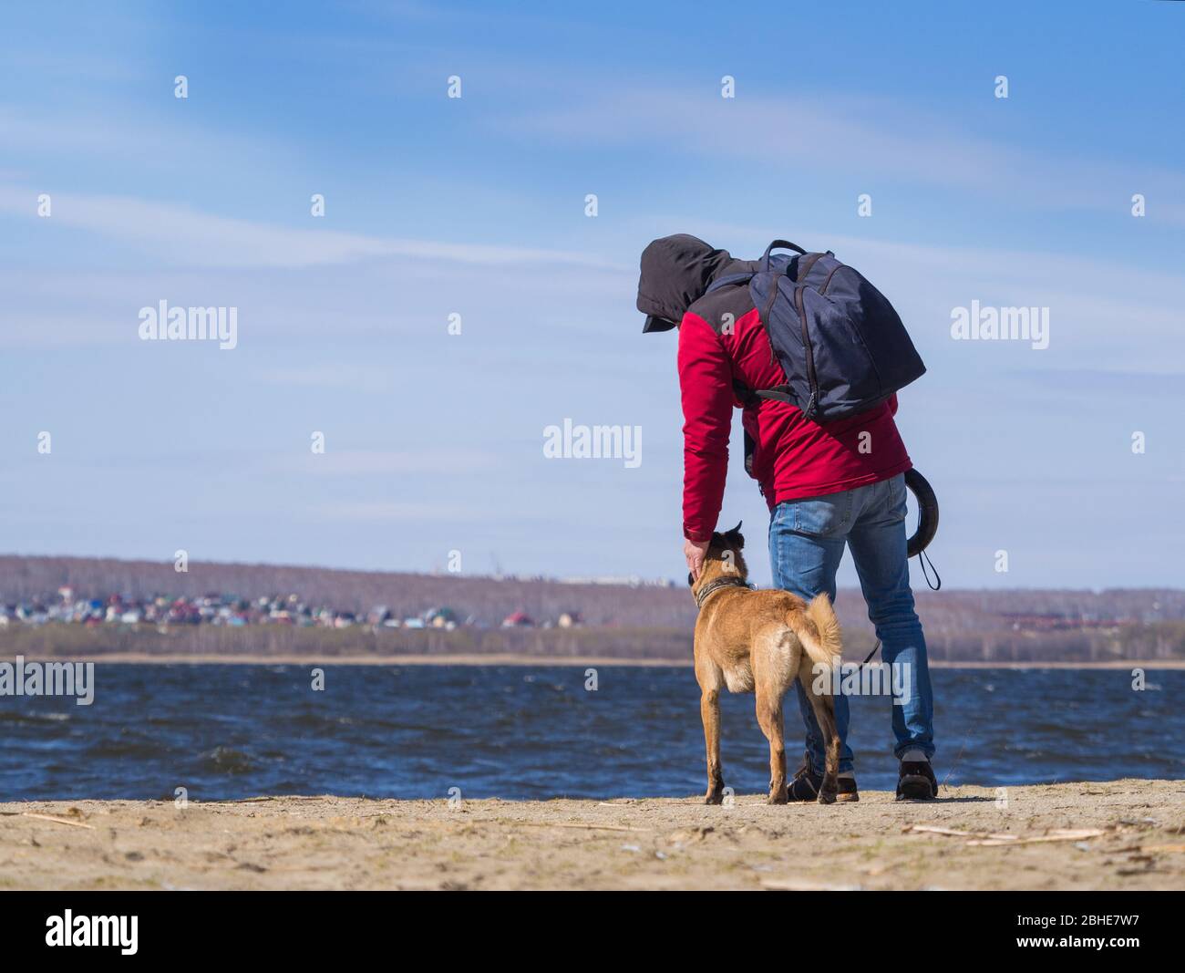 Vista posteriore: Un uomo che ha strozzo un cane dal rifugio. Concetto di amicizia. Foto Stock