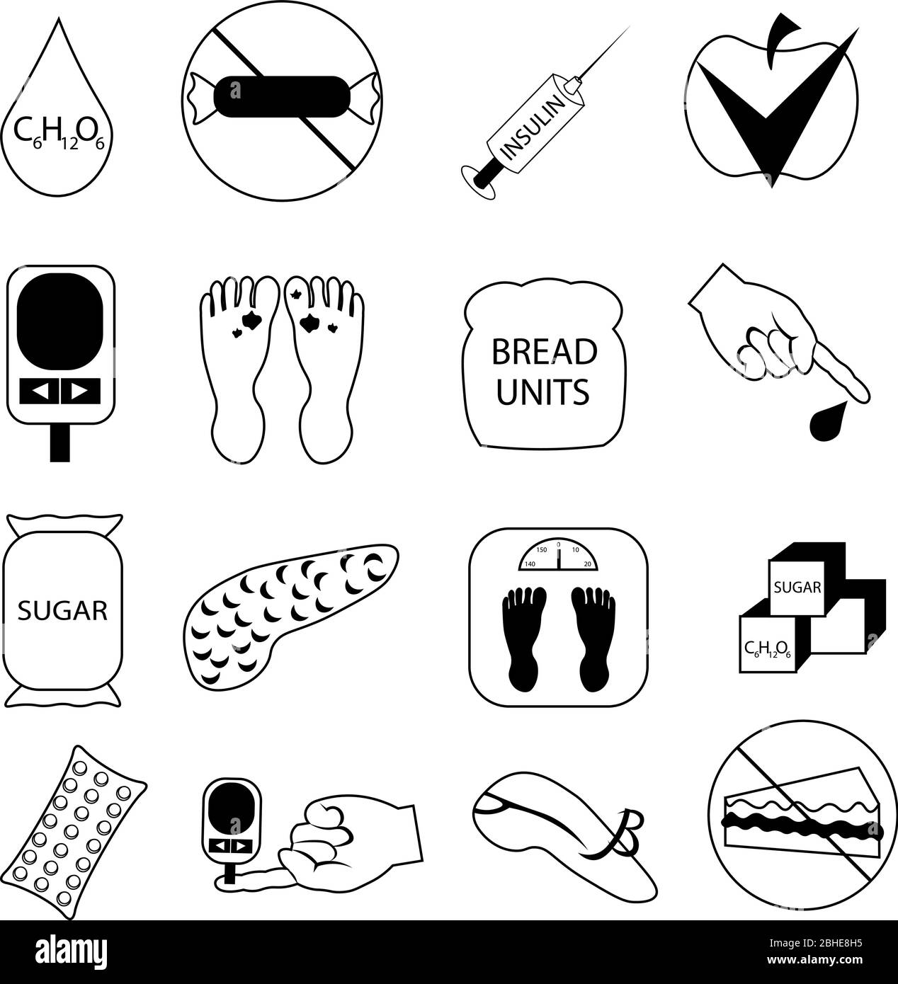 Set di oggetti per diabetici. Controllo del glucosio, dieta con conteggio delle unità di pane. Icone dei vettori medici. Illustrazione Vettoriale Set di oggetti per diabetici. Controllo del glucosio, dieta con conteggio delle unità di pane. Icone dei vettori medici. Illustrazione Vettoriale