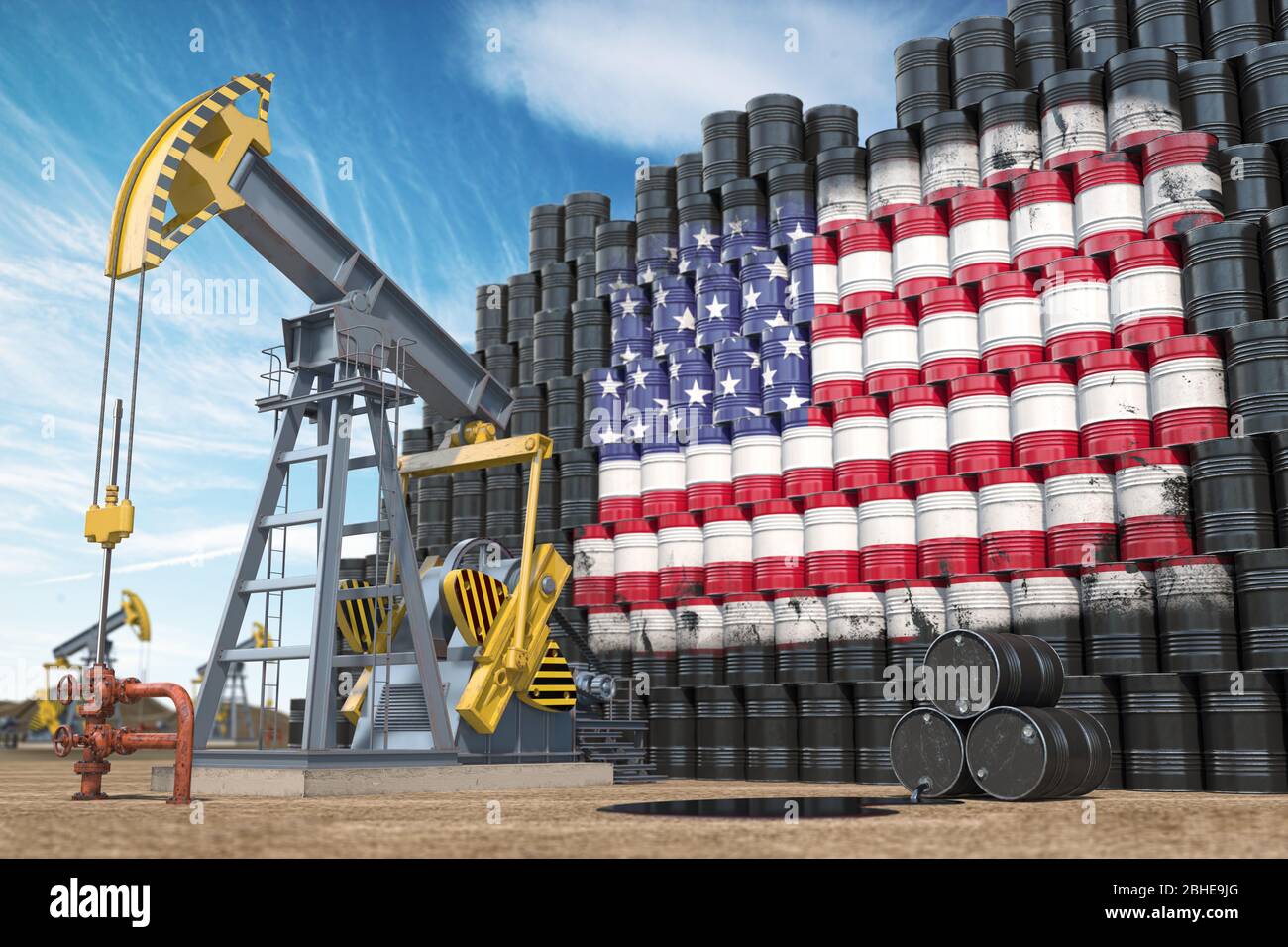 Produzione ed estrazione di petrolio negli Stati Uniti. Martinetto della pompa dell'olio e barili dell'olio con bandiera degli Stati Uniti. illustrazione 3d Foto Stock
