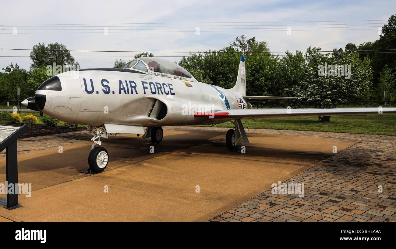 Lockheed T-33A-5 Shooting Star Air Force Jet Trainer in mostra all'Aviation Heritage Park, Bowling Green, Kentucky, Stati Uniti Foto Stock