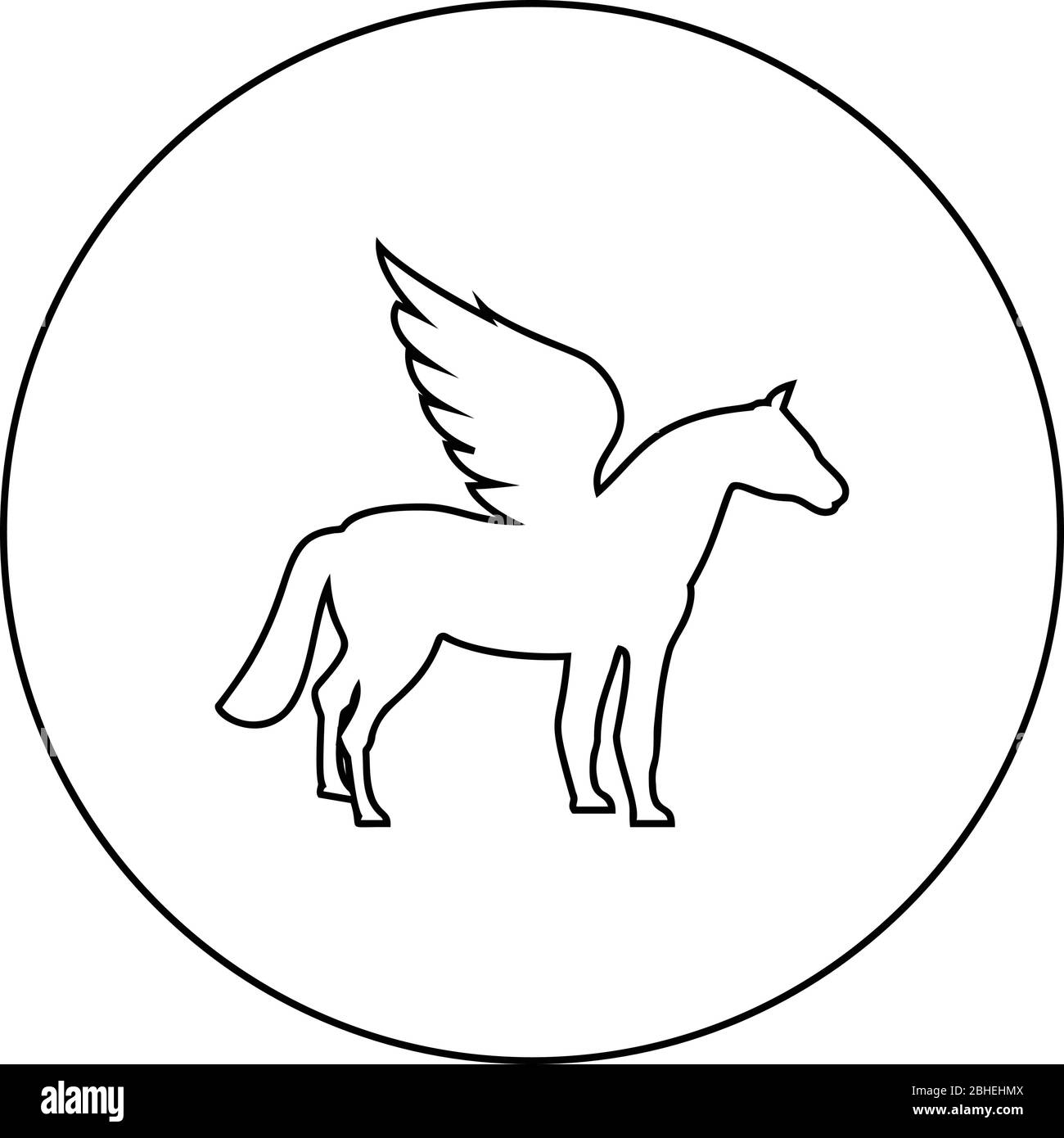Pegasus Winged cavallo silhouette creatura mitica favoloso animale icona in cerchio contorno nero colore vettore illustrazione piatta stile semplice immagine Illustrazione Vettoriale