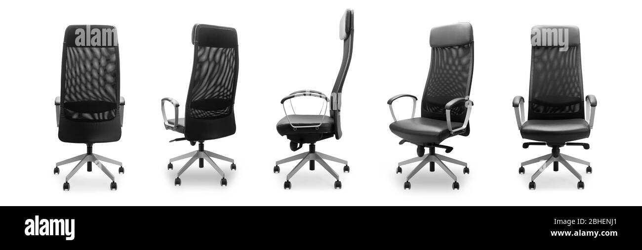 Set di sedia da ufficio nera isolata su sfondo bianco. Foto Stock