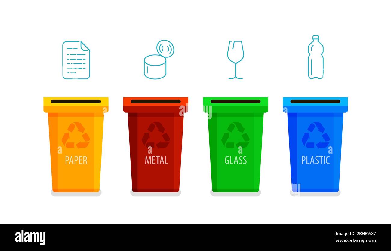 Contenitori di riciclaggio. Ordinamento dell'illustrazione vettoriale infografica dell'immondizia Illustrazione Vettoriale