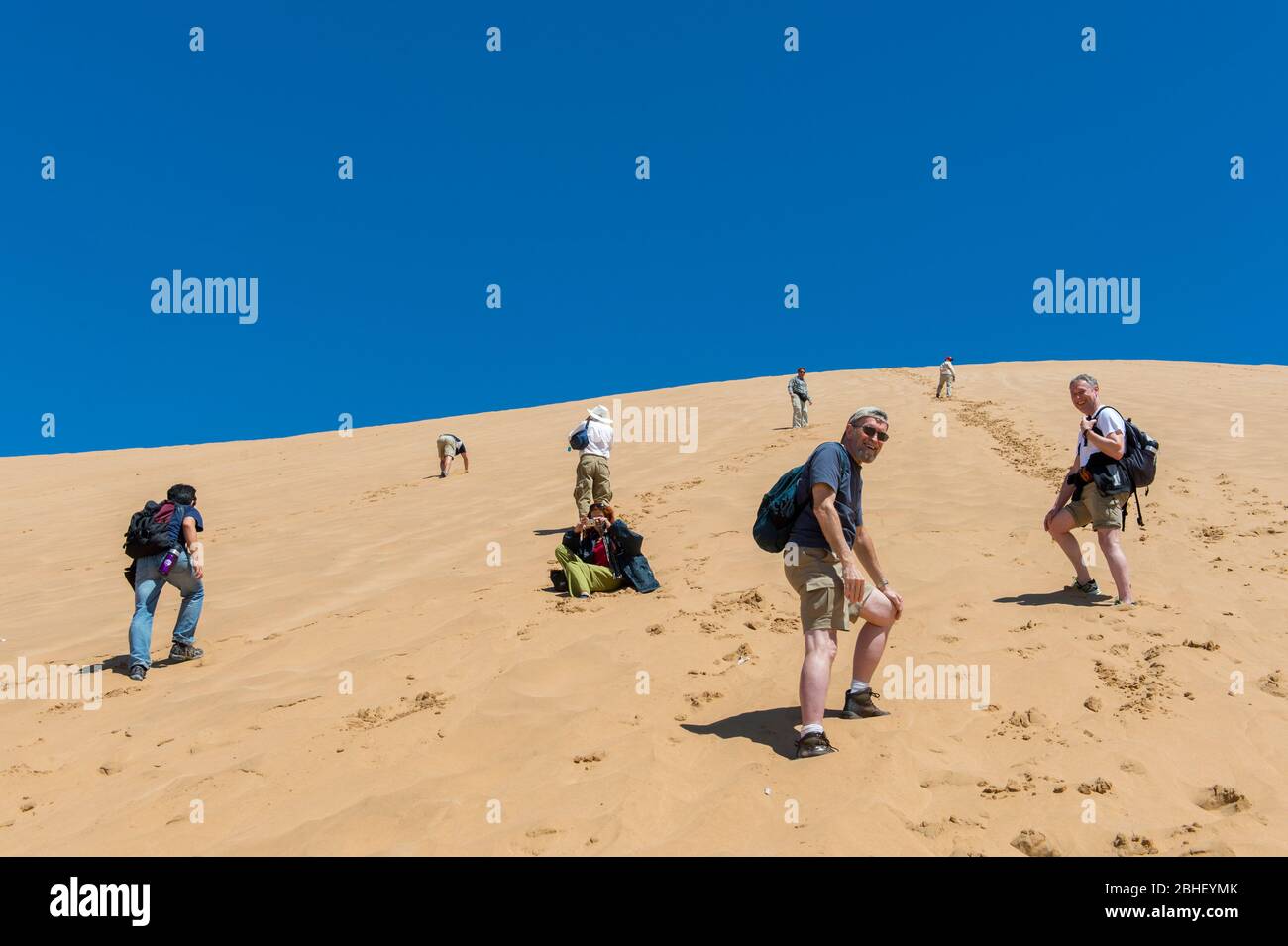 Turisti che arrampicano duna di sabbia vicino a Walvis Bay, Namibia. Foto Stock