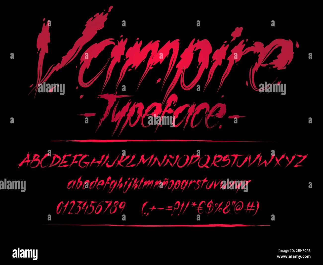 Carattere vampiro. Illustrazione delle lettere di sangue. Alfabeto vettoriale di Halloween sanguinoso con numeri e glifi. Illustrazione Vettoriale