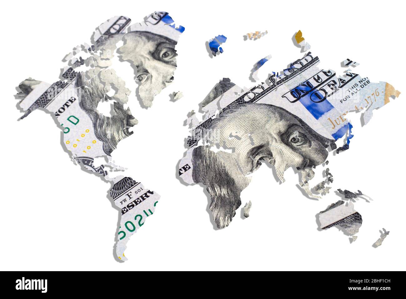 Mappa del mondo fatta da dollari americani fatture. Primo piano. Foto Stock