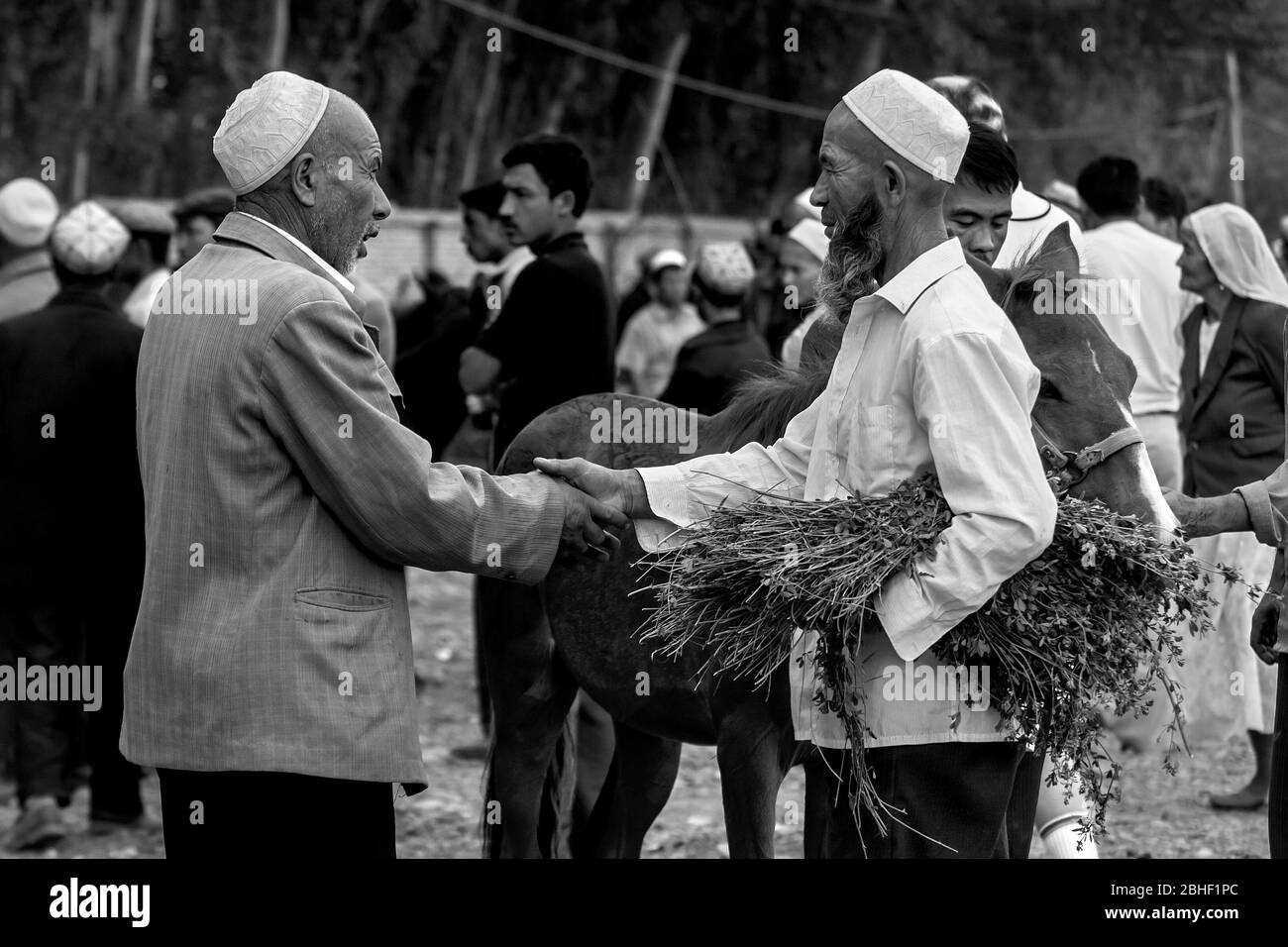 Un affare fatto! Al mercato domenicale di Kashgar, provincia di Xinjiang, Cina occidentale Foto Stock