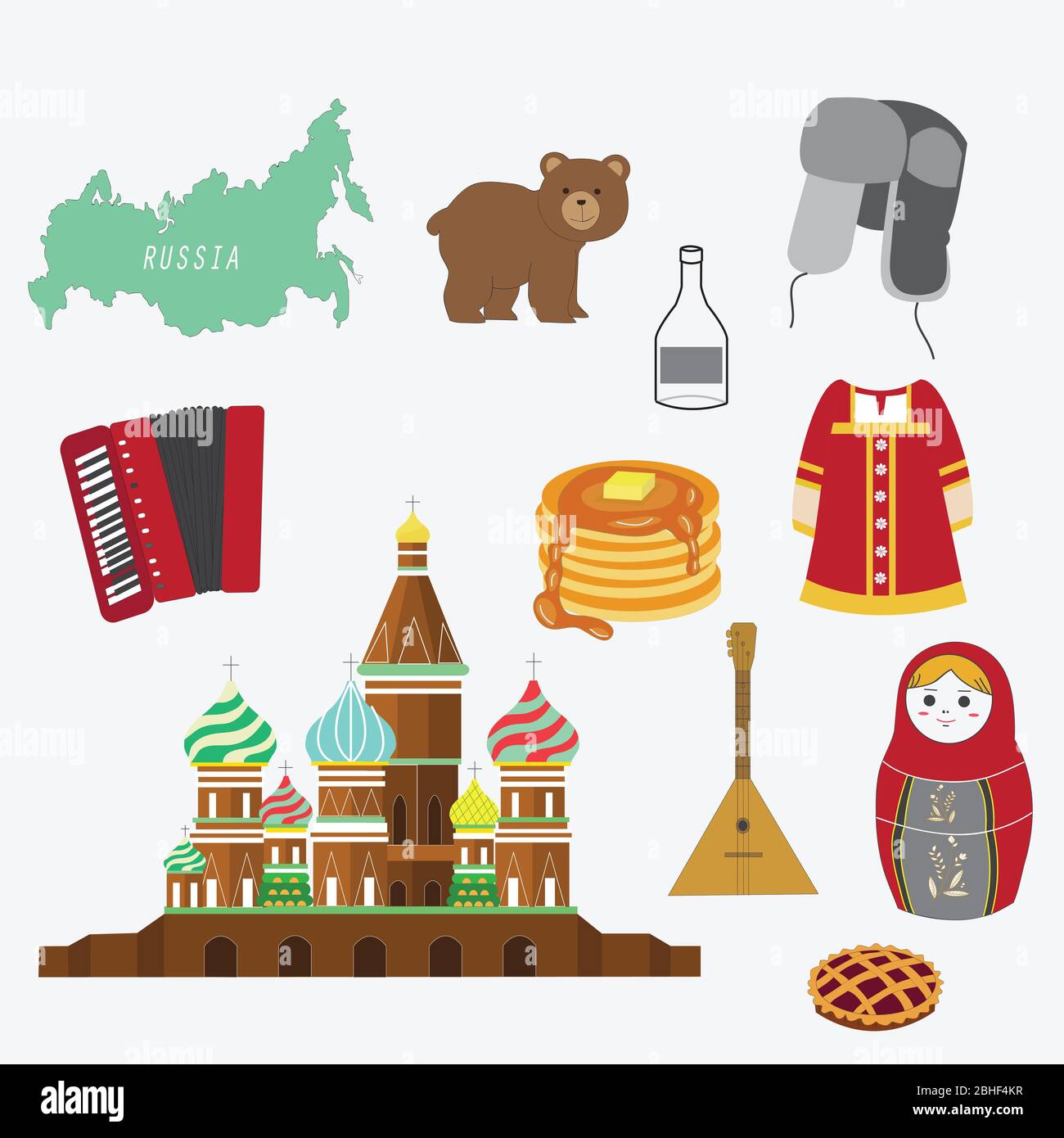 Set di icone russe, collezione vettoriale di cultura russa, tra cui la Cattedrale di San Basilio, la bambola matryoshka, la chitarra russa. Isolato su bianco Illustrazione Vettoriale