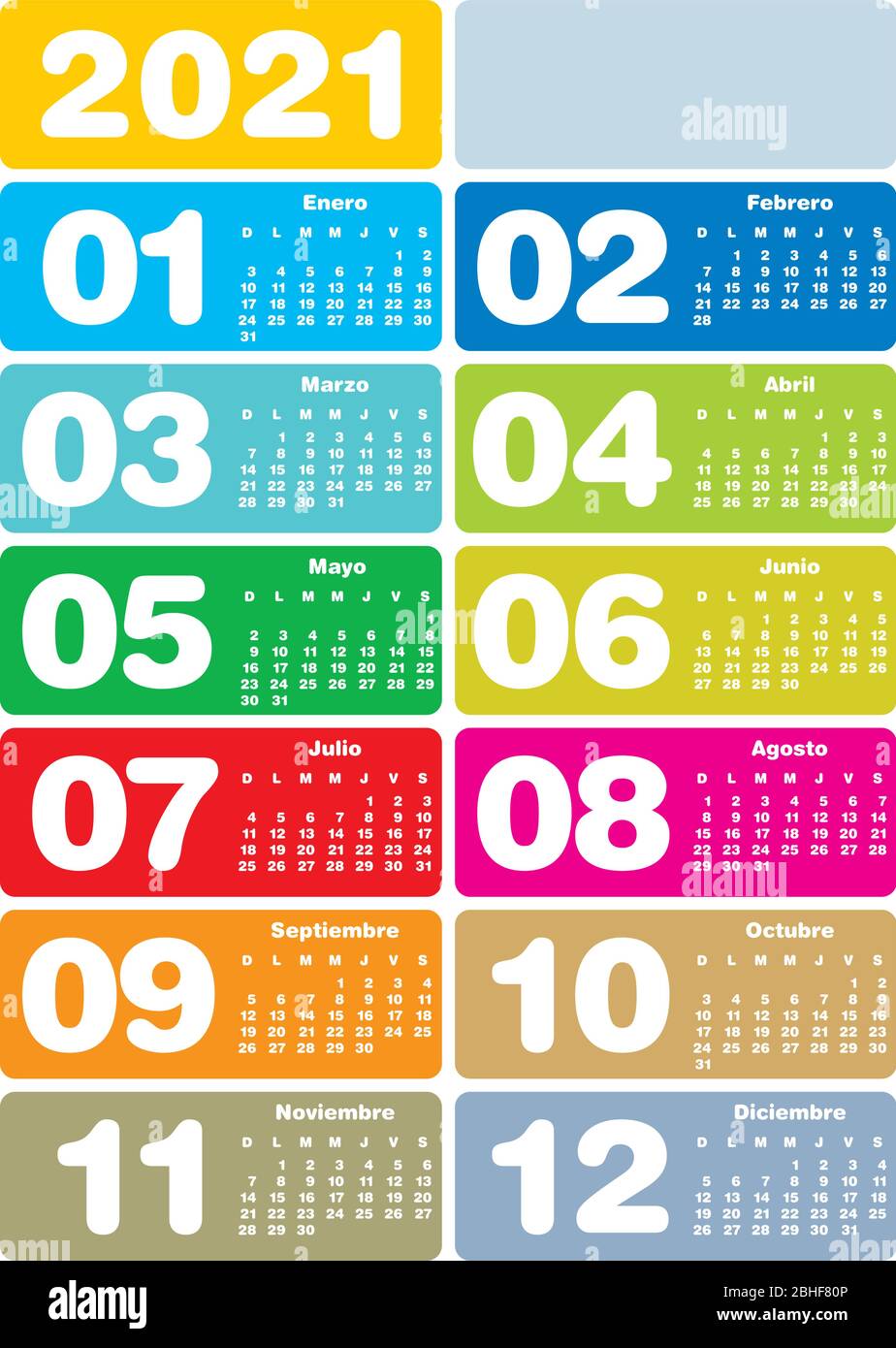 Calendario Colorato Per L Anno 2021 In Formato Vettoriale Lingua Spagnola Immagine E Vettoriale Alamy calendario colorato 2021