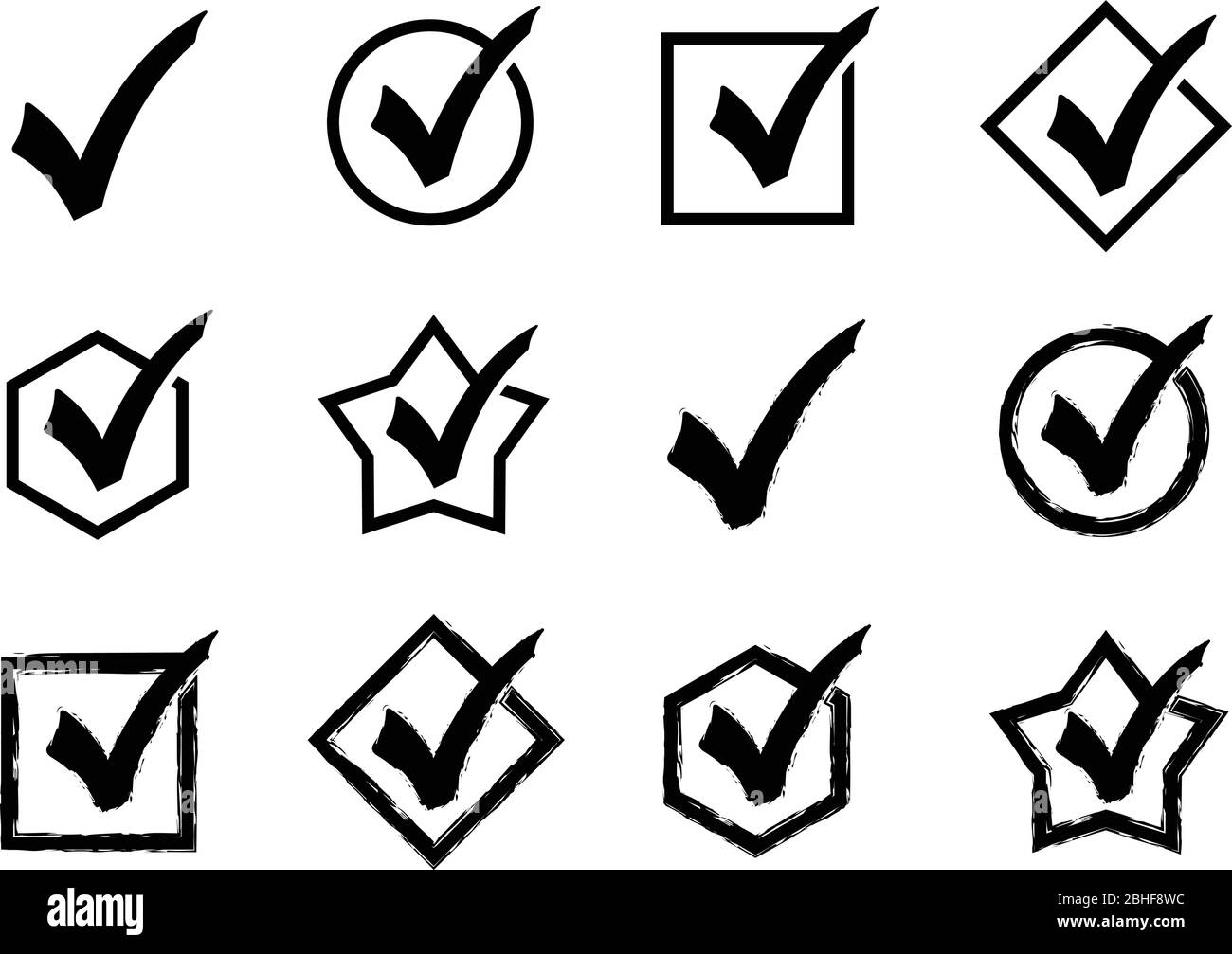 Imposta la variazione del simbolo di spunta della silhouette sull'illustrazione piatta per Web, dispositivi mobili, applicazioni e grafica icona vettoriale semplice segno e moderno Illustrazione Vettoriale