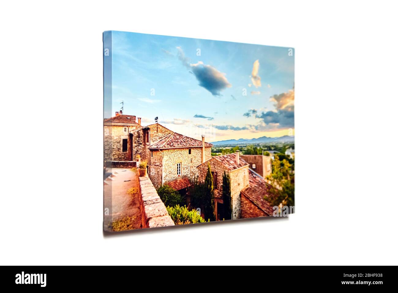 Stampa di foto tela isolata su sfondo bianco. Fotografia colorata con pellicola da galleria. Foto stampata su tela lucida Foto Stock
