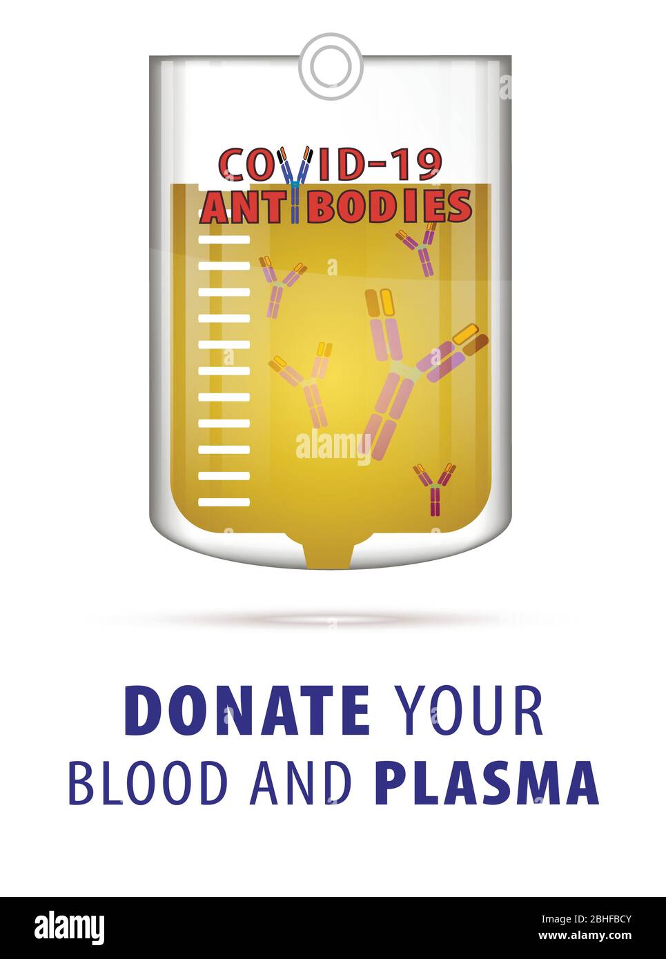 Sacca per plasma con anticorpi da persone curate di SARS-COV-2 Covid-19 preparata in un'immagine concettuale ospedaliera Illustrazione Vettoriale