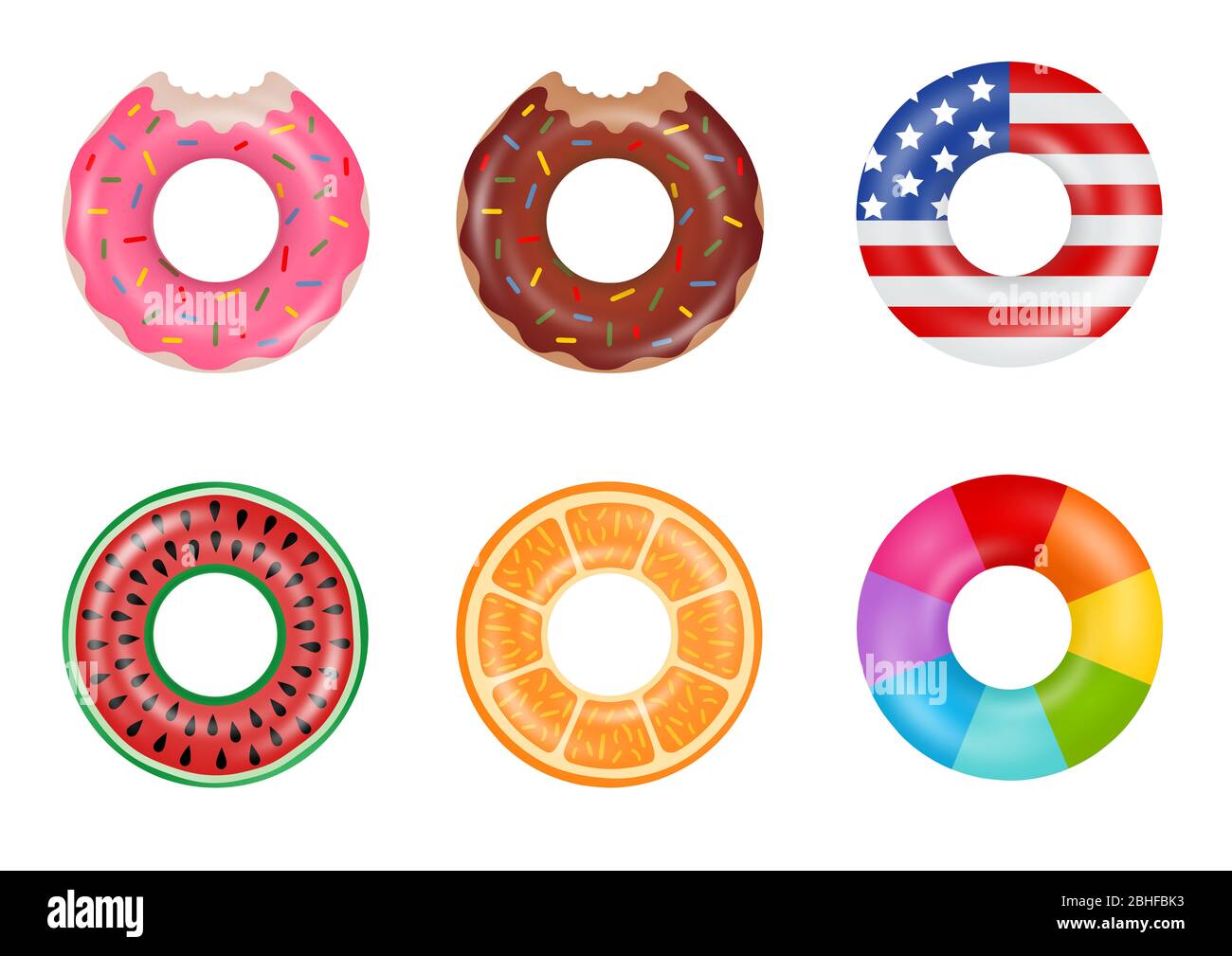 Set di anelli da nuoto colorati. Ciambella gonfiabile, bandiera americana, anguria, arancio e arcobaleno. Giocattoli galleggianti in gomma. Foto Stock