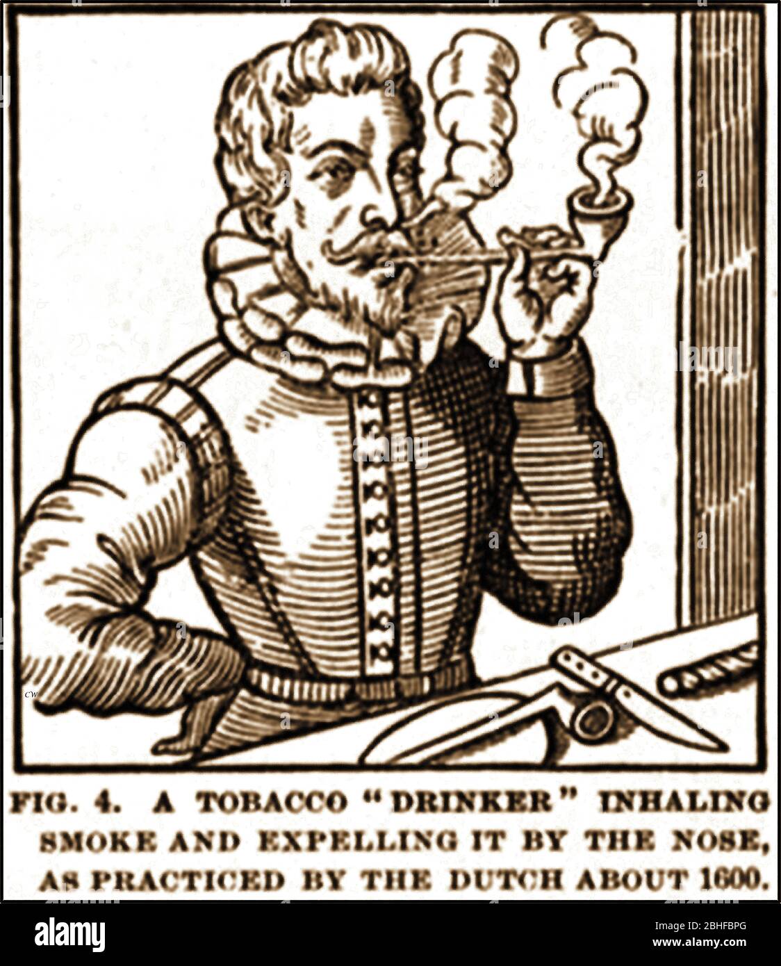 'Drinking' Tobacco nel 17 ° secolo (da un libro raro pubblicato a Rotterdam nel 1623 che mostra come 'scricchiolare' il tabacco). I fumatori in anticipo hanno descritto fumare come 'fumo di scarico '. Foto Stock
