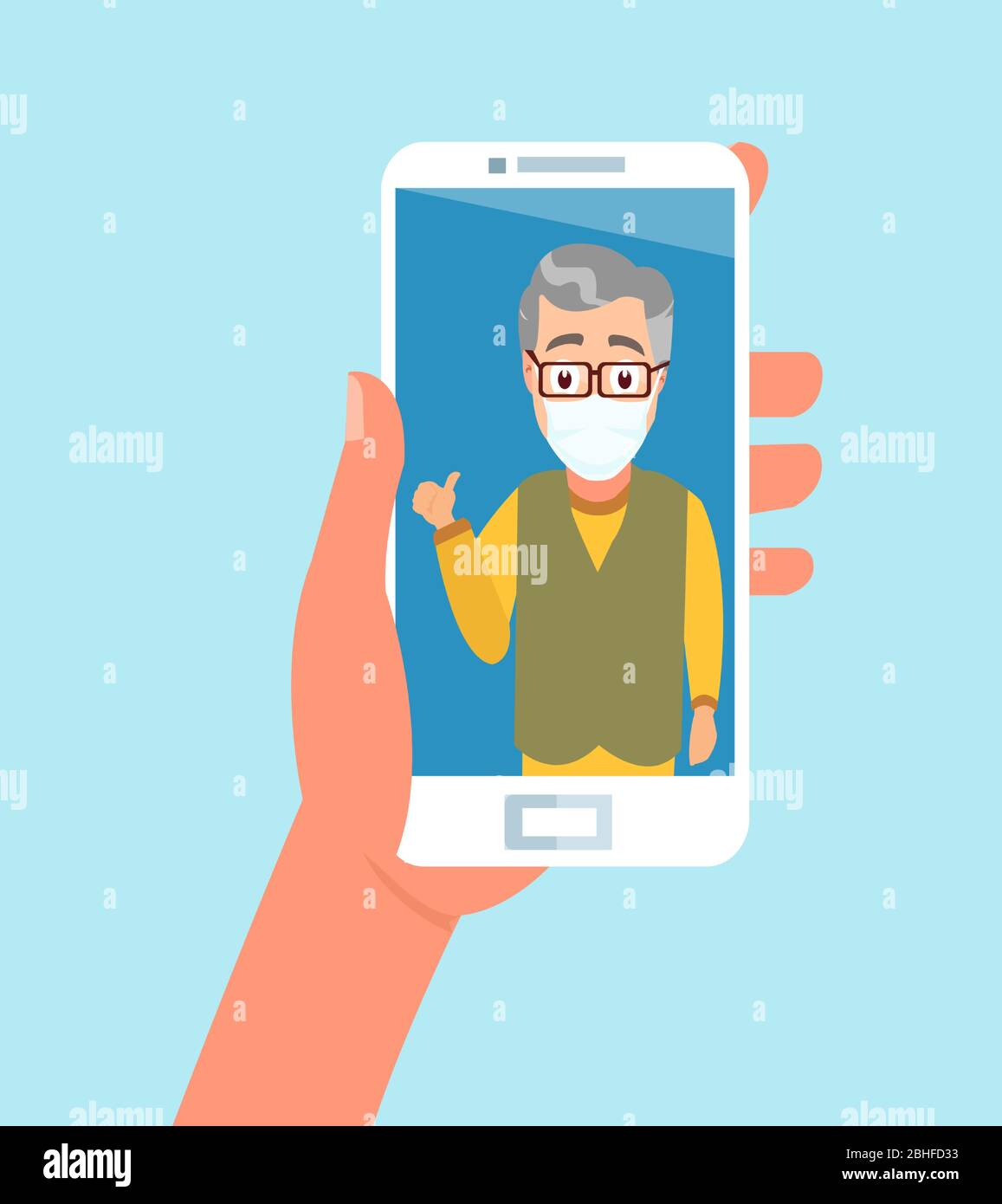 Smartphone Vector of hand holding che parla con un membro della famiglia anziano che indossa la maschera facciale tramite l'app per videochiamate Illustrazione Vettoriale