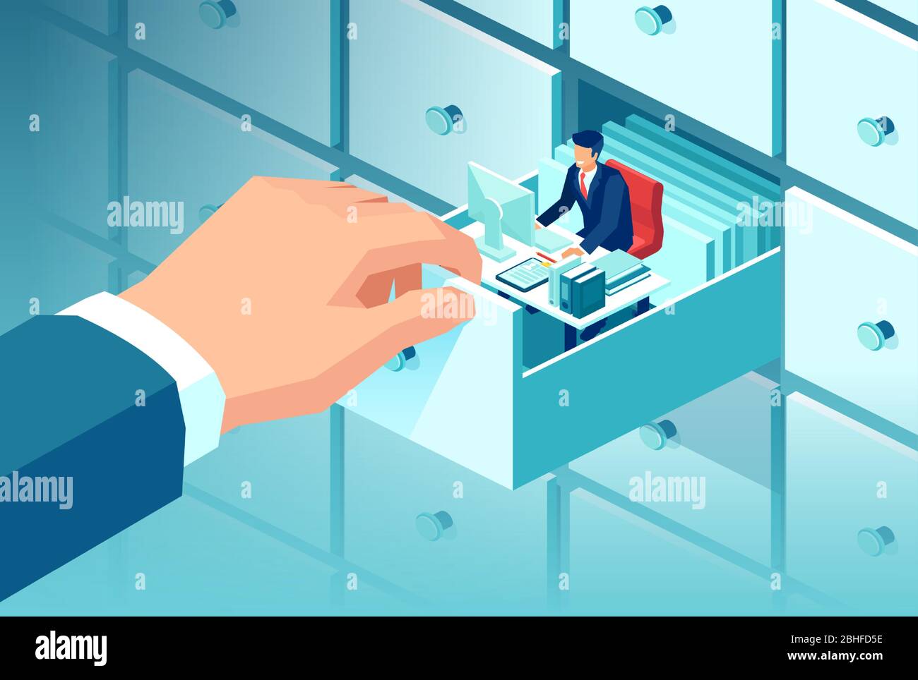 Vettore di una mano grande del businessman che tira una scatola dello scomparto dell'armadio con un impiegato di lavoro seduto all'interno Illustrazione Vettoriale