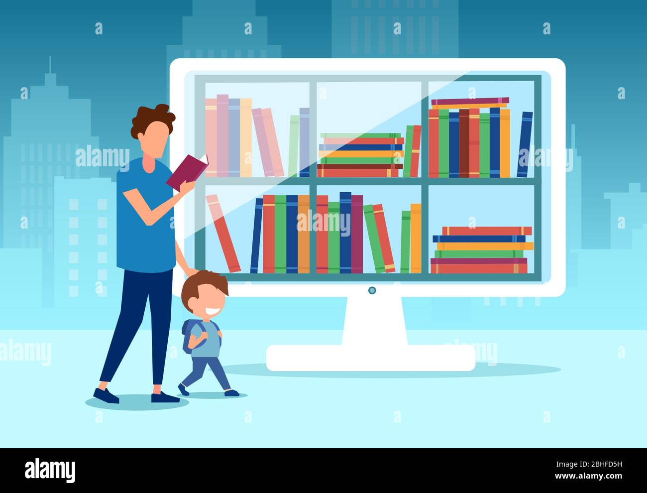 Vettore di un padre e il suo bambino utilizzando la biblioteca online per accedere ai libri gratuiti Illustrazione Vettoriale
