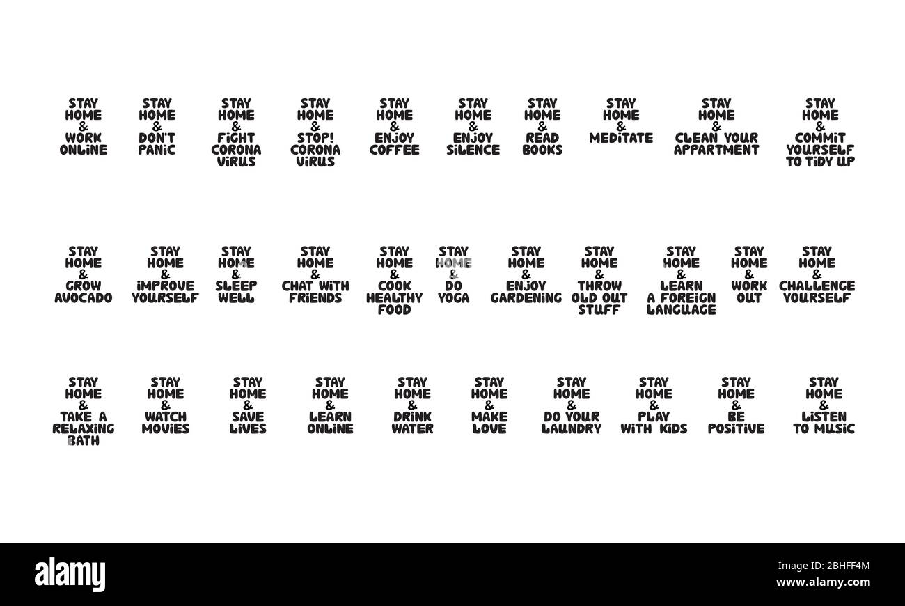 Enorme insieme di citazioni circa le attività domestiche di soggiorno durante la quarantena. Carino mano disegnata bable lettere. Isolato su sfondo bianco. Scorta vettoriale Illustrazione Vettoriale
