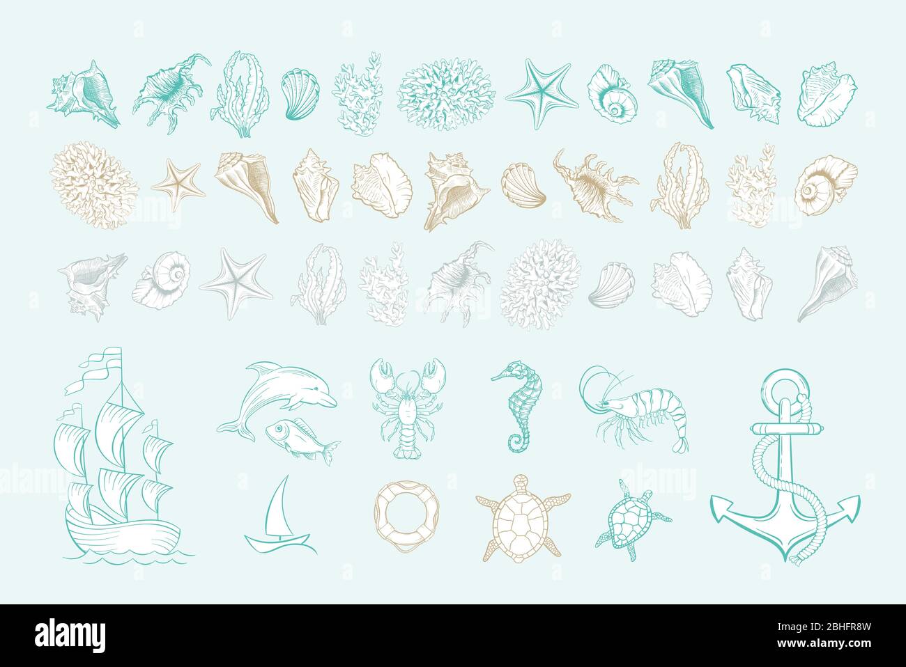 Icone vettoriali di gusci marini, ancora e molluschi. Set di icone disegnate a mano con riempimento bianco. Conchiglia marina, cavalluccio marino, pesci delfino e tartaruga, ancora e boa, coralli, gamberi e nave da yacht Illustrazione Vettoriale