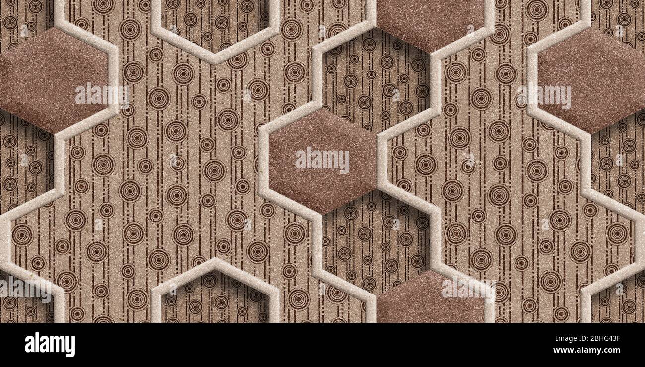 Design di piastrelle 3D interne, parete e pavimento in marmo per piastrelle di arredamento per la casa, sfondo a texture astratte, moduli geometrici Hexagon. illustrazione 3d Foto Stock