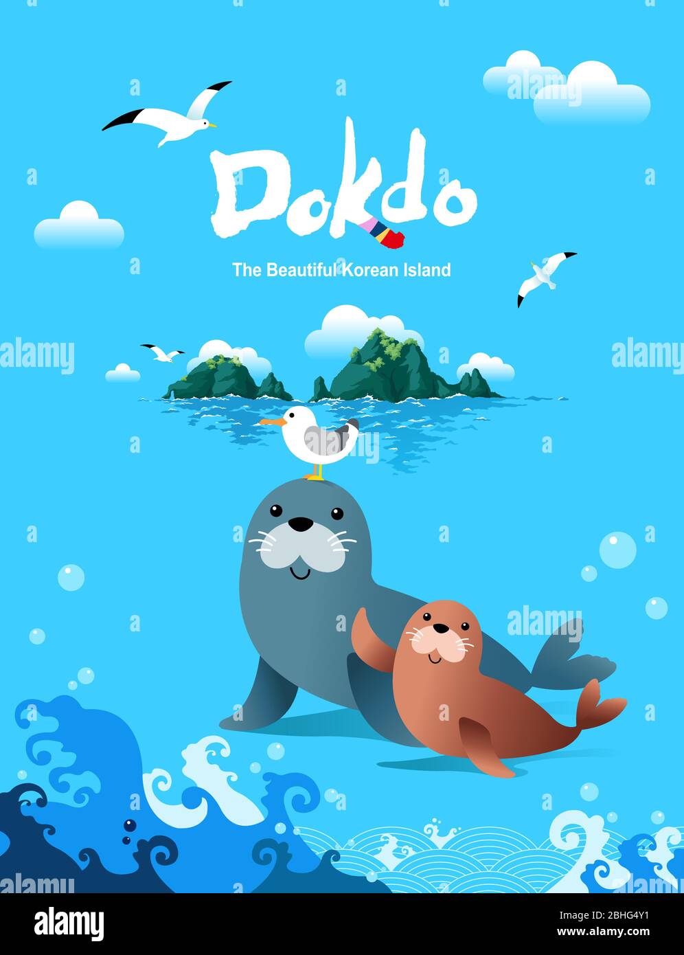 Bella isola coreana, Dokdo. Le foche che vivono sull'isola salutano. Illustrazione Vettoriale