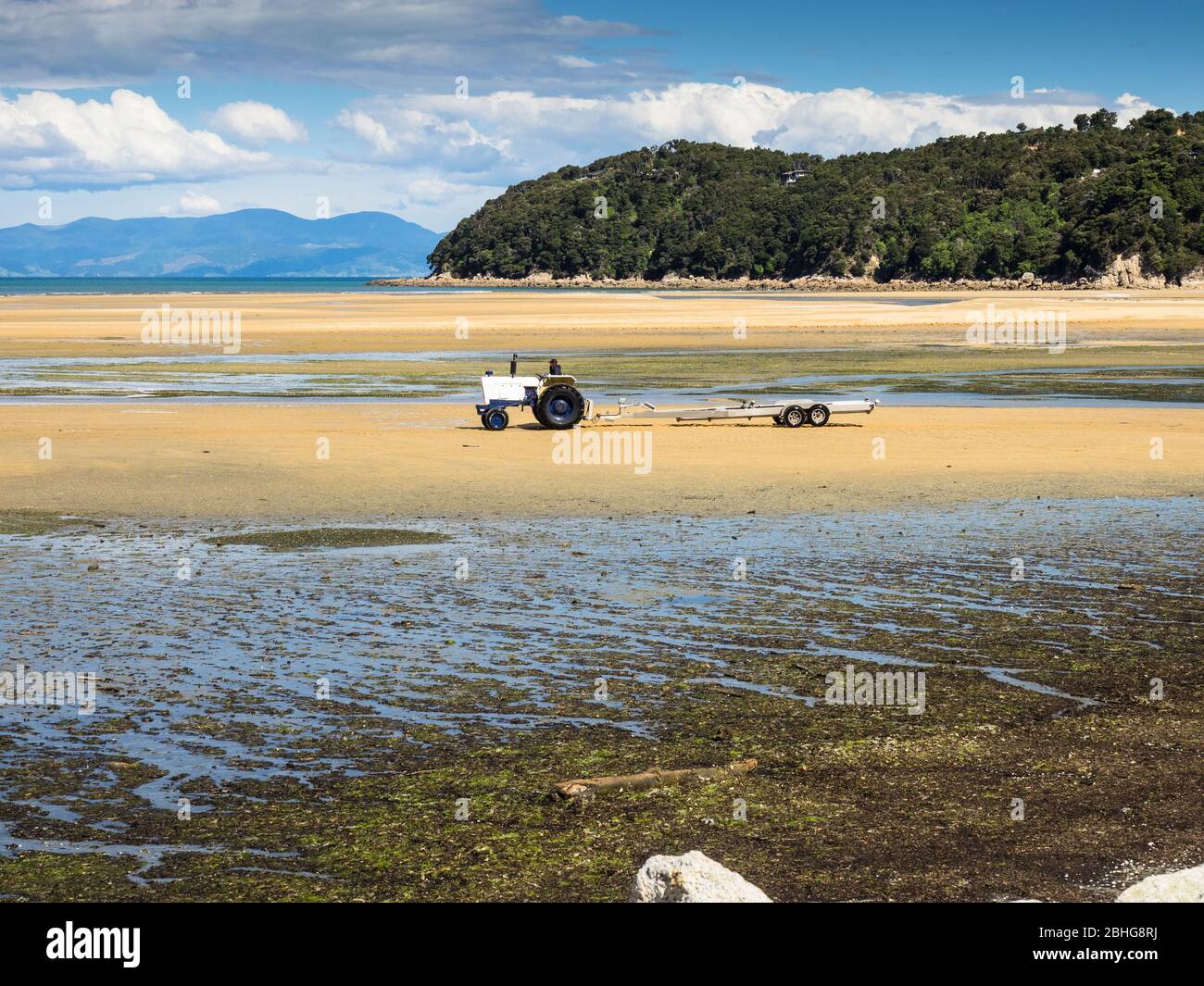 Trattore per alga e kayak a bassa marea, Sandy Bay, Marahau, Tasman, Nuova Zelanda Foto Stock