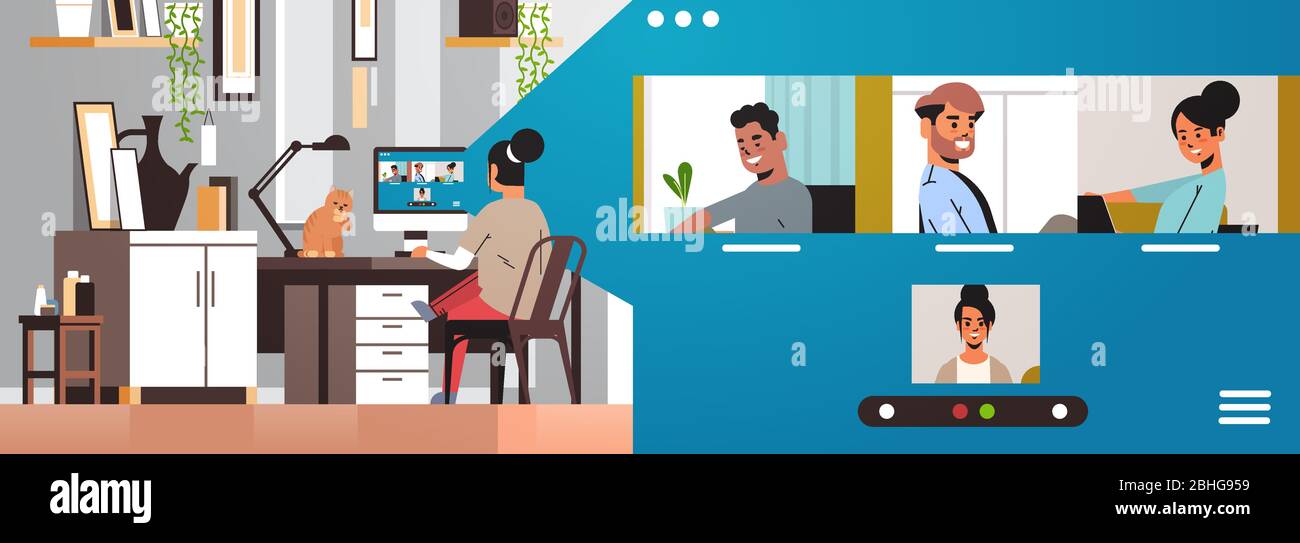Donna incontro con amici di gara mix durante la videochiamata Covid-19 pandemic Coronavirus quarantena concetto persone che hanno divertimento virtuale Live conferenza soggiorno sala interna orizzontale vettore illustrazione Illustrazione Vettoriale