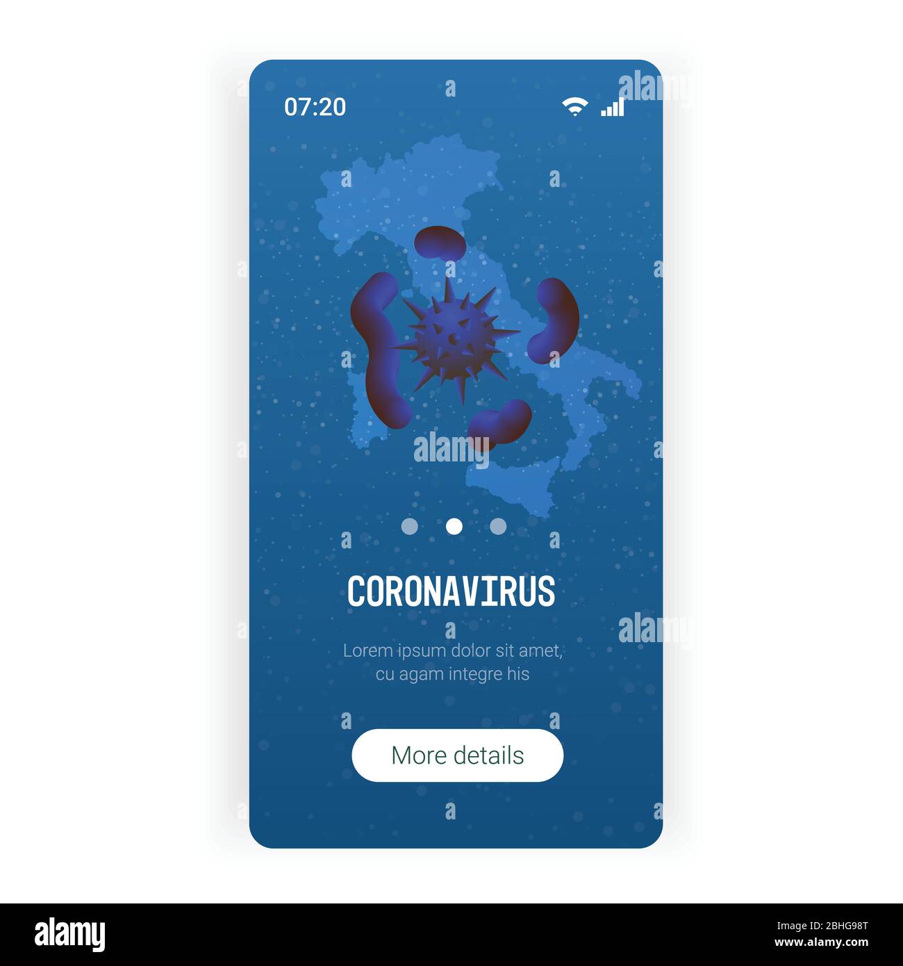 Focolaio di coronavirus in italia prevenzione diffusione del virus corona covid-19 mappa di quarantena pandemica con 2019-nCoV cellule batteriche smartphone screen mobile app copy space vettoriale illustrazione Illustrazione Vettoriale