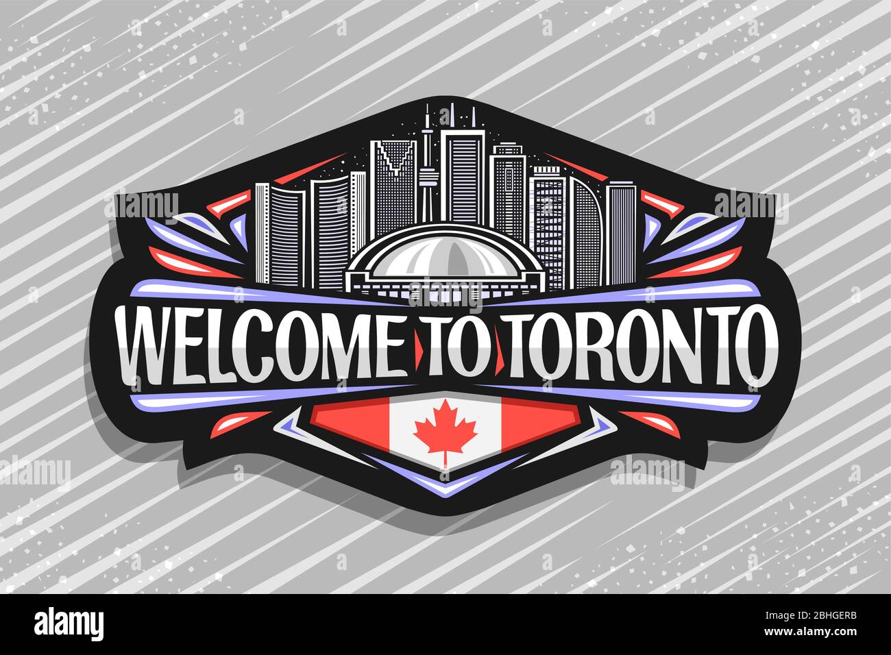 Logo Vector per Toronto, badge decorativo nero con linea di illustrazione del paesaggio contemporaneo toronto città su sfondo crepuscolo cielo, Tourist frigo magne Illustrazione Vettoriale