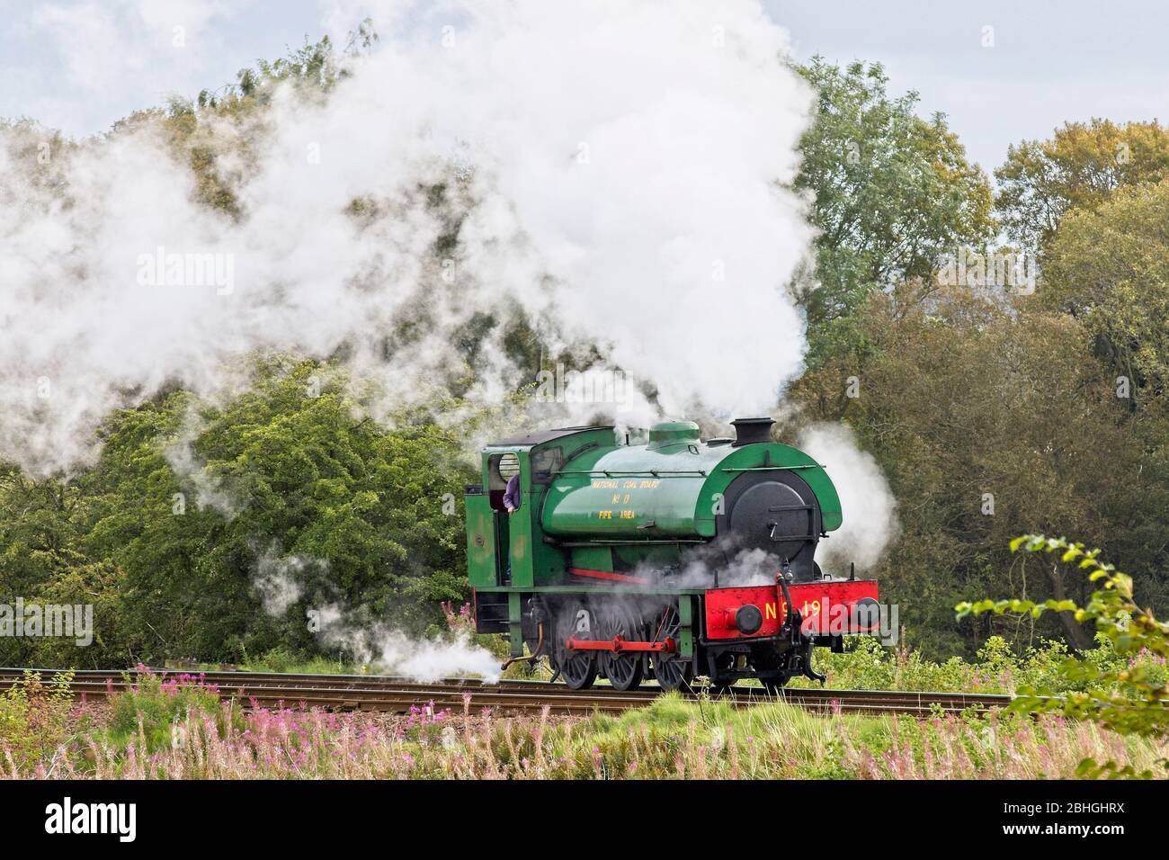 Locomotiva a vapore saddletank n.19 sulla Bo'ness e Kinneil Railway, Scozia, Regno Unito. Foto Stock