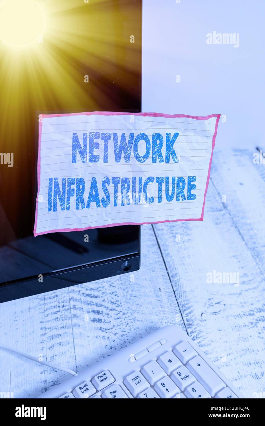 Scrittura concettuale a mano che mostra l'infrastruttura di rete. Concetto che significa risorse hardware e software in e out computer di notazione di connessione Foto Stock