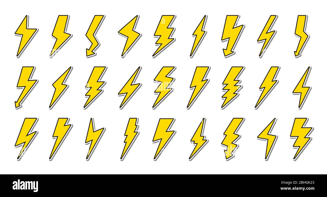 Set di fulmini gialli con contorno nero. Icone in stile anni '80-'90. Ideale per patch, badge, adesivi con ombra. Simbolo energia e tuono, elettricità. Illustrazione vettoriale isolata con emblema flash Illustrazione Vettoriale