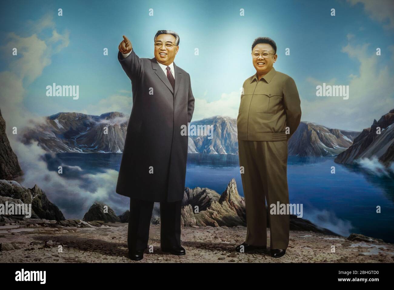 Kim il-Sung e suo figlio Kim Jong-il al Monte Paektu, Corea del Nord Foto Stock