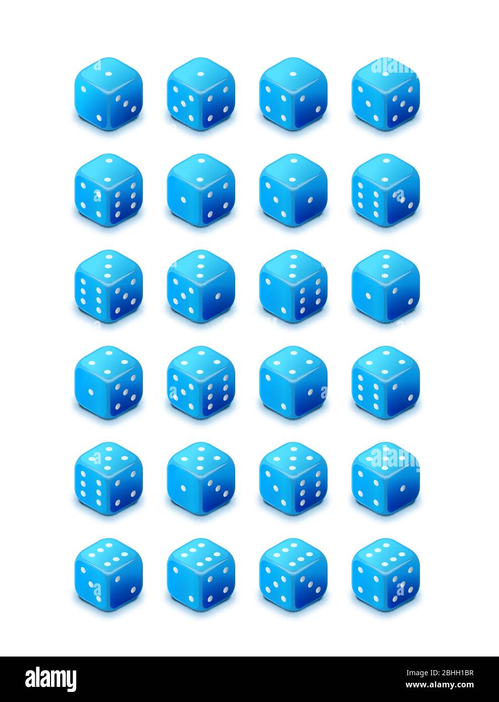 Set di cubi di gioco lucidi blu brillante su sfondo bianco, tutti i possibili dadi 3d gira per il casinò in vista isometrica Illustrazione Vettoriale