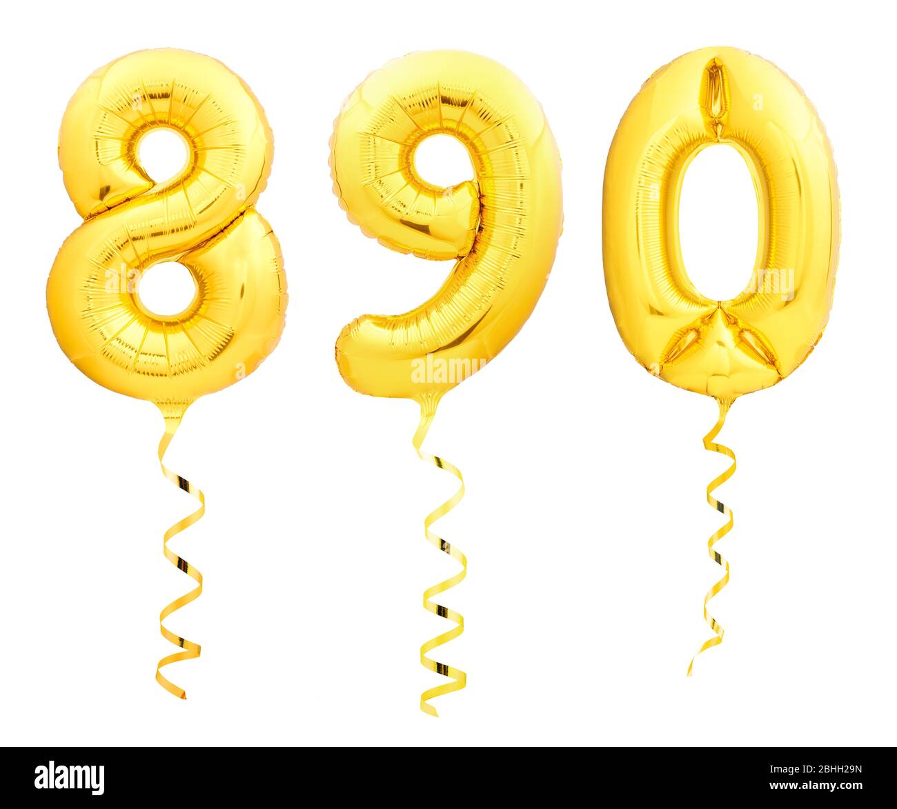 Numeri d'oro 8, 9, 0 fatti di palloncini gonfiabili con nastri d'oro isolati su bianco Foto Stock