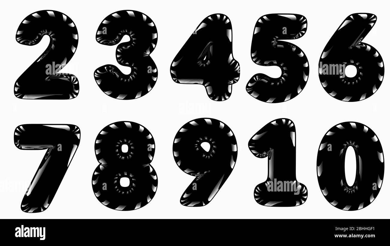 Set di nero lucido con numeri di riflesso su sfondo bianco isolato. 3D Foto Stock