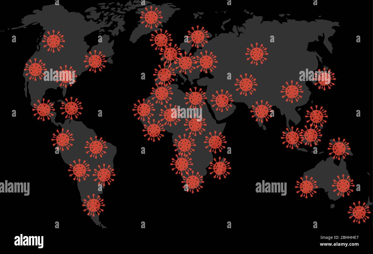 Diffusione globale della mappa grafica pandemica. Mappa mondiale di illustrazione di coronavirus di epidemia. Virus di infezione pandemica vettoriale, pericolo per la salute umana, polmonite e Illustrazione Vettoriale