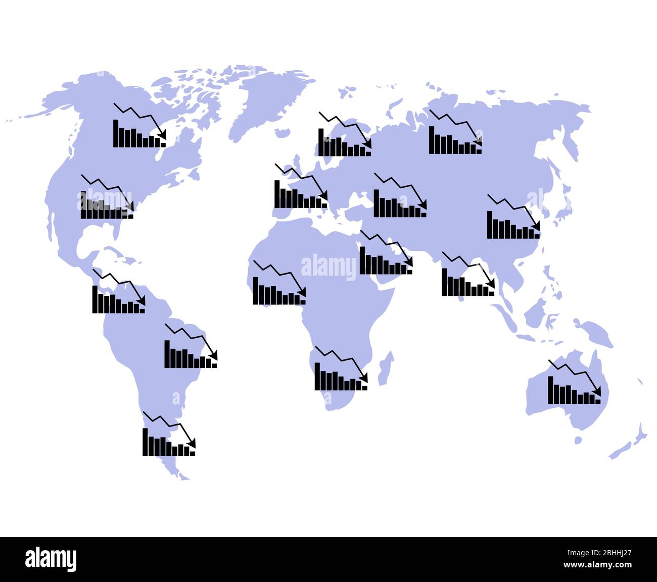 Crisi mondiale, mappa della recessione globale sulla mappa. Grafico mercato, finanziaria globale calo, economia perdita mondiale, caduta diagramma, illustrazione vettoriale Illustrazione Vettoriale