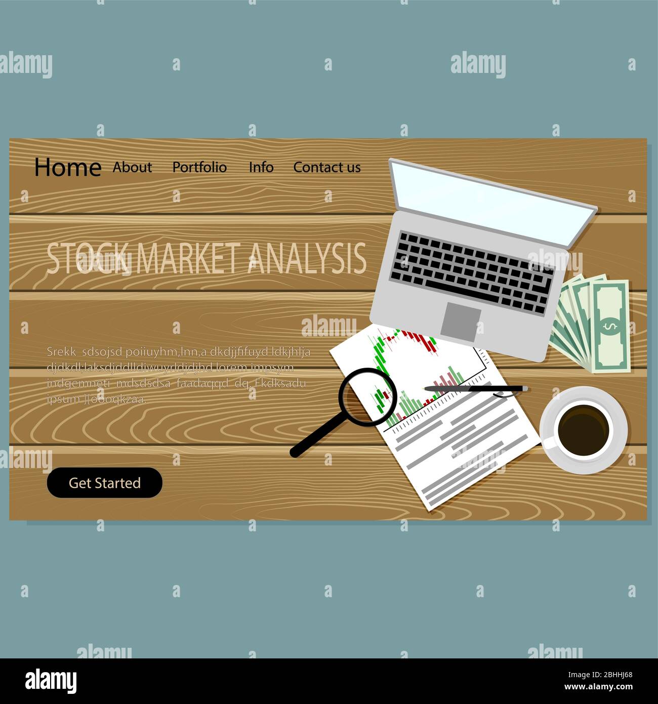 Analisi del mercato azionario, sito Web della landing page. Investimento finanziario, commercio, illustrazione vettoriale. Analisi dei finanziamenti di gestione Illustrazione Vettoriale