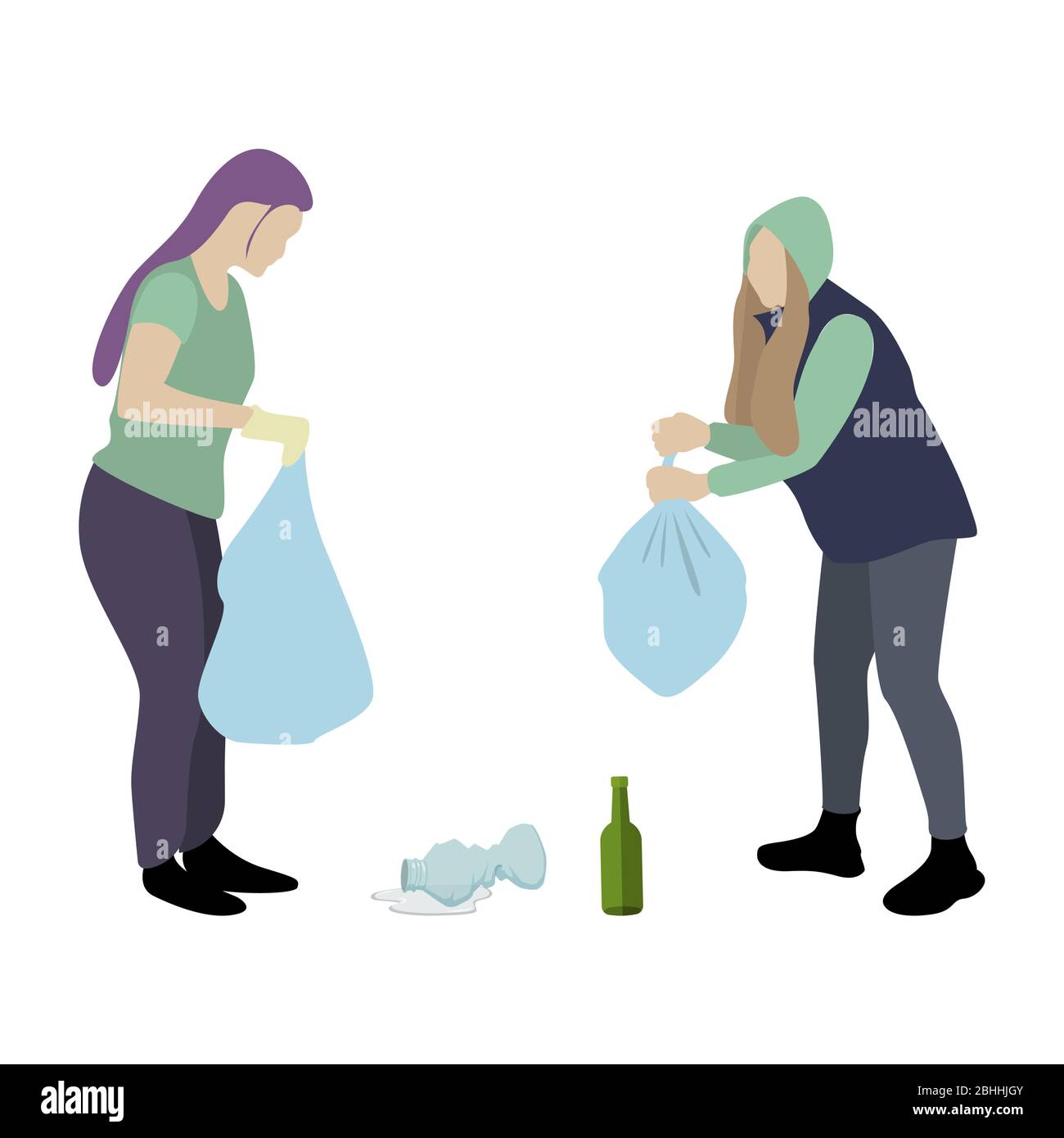 I volontari raccolgono i rifiuti nei pacchetti. Le persone vettoriali ambiente pulito, ecologia e rifiuti raccogliere l'illustrazione Illustrazione Vettoriale