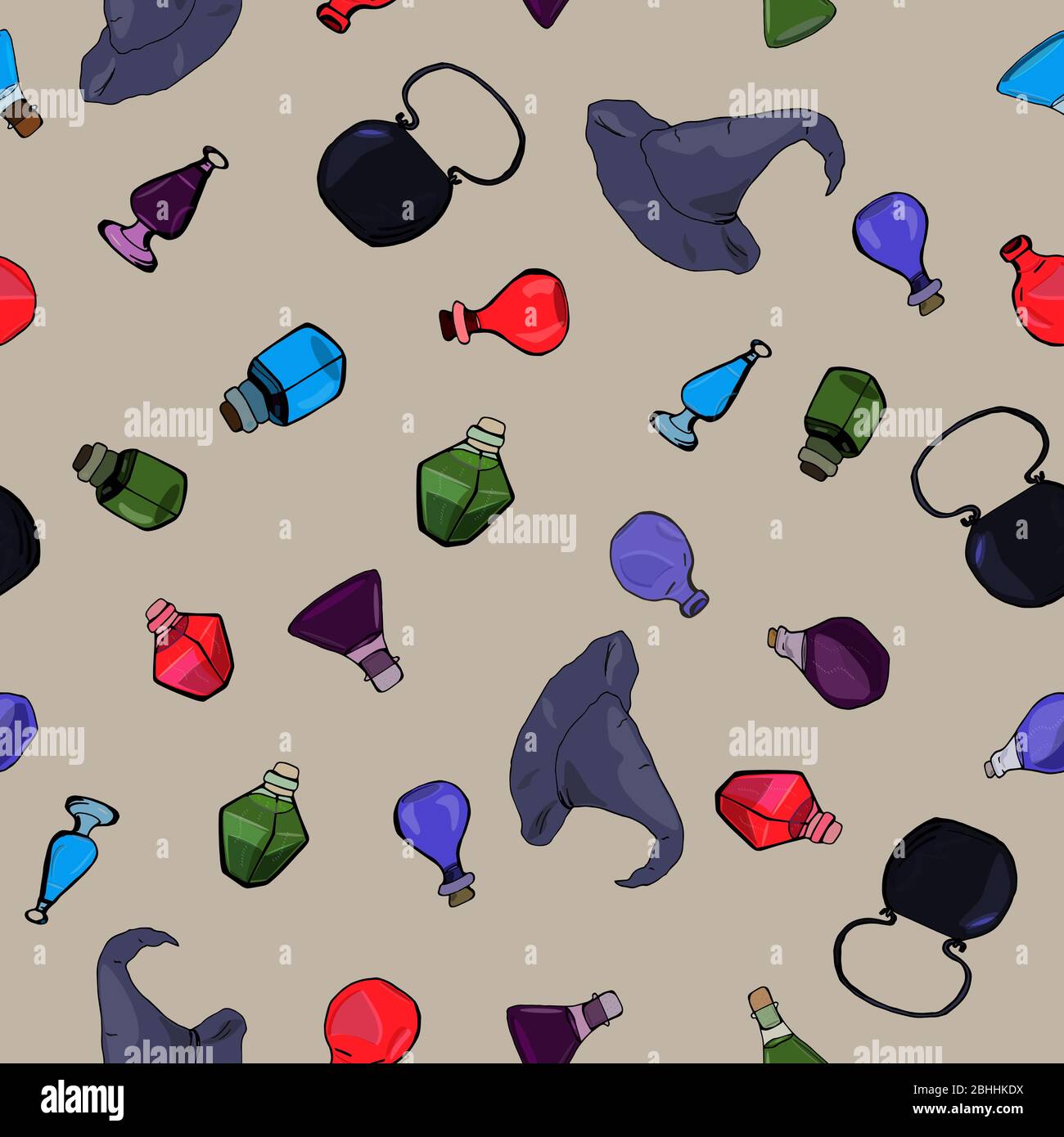 Fiasche per alchimia cartoon con motivo senza cuciture. Colori brillanti fantasy pattern. Illustrazione Vettoriale