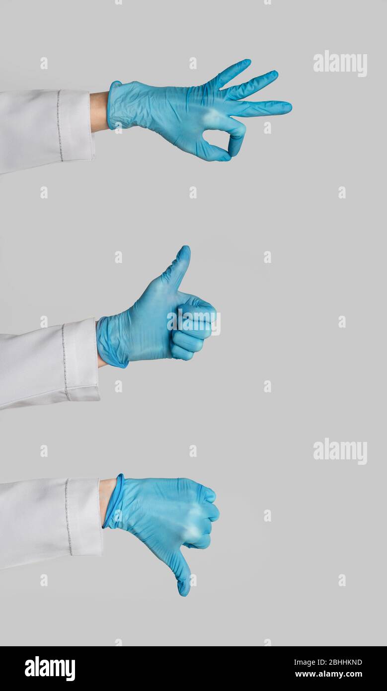 Primo piano delle mani del medico nei guanti di gomma che mostrano diversi gesti su sfondo grigio, collage Foto Stock