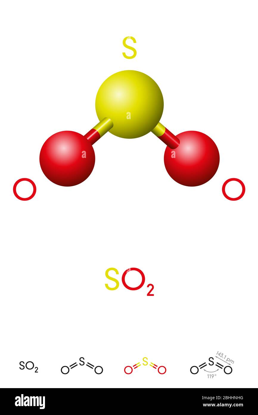 Anidride solforosa, SO2, modello di molecola e formula chimica. Anidride solforosa, un gas tossico e un inquinante dell'aria. Modello a sfera e avambraccio. Foto Stock